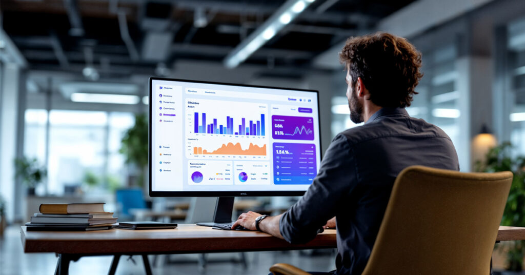 Profissional analisando dashboard de marketing digital com gráficos de desempenho e métricas de performance em ambiente corporativo.