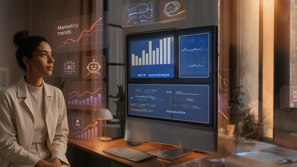 Profissional analisando tendências de marketing digital para 2025 e 2026 em ambiente futurista com tecnologia e IA